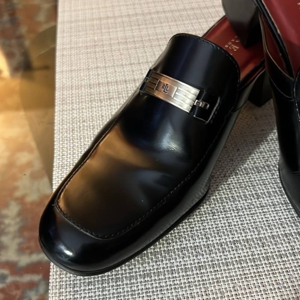Lauren Ralph Lauren ‘Bethel’ Shiny Black Mules w/ Block Heel & Logo Band Sz 8.5B - Picture 2 of 8